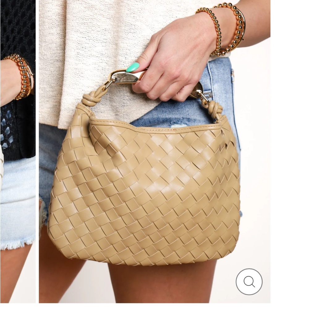 New You and Me Tan Woven Leather Handbag